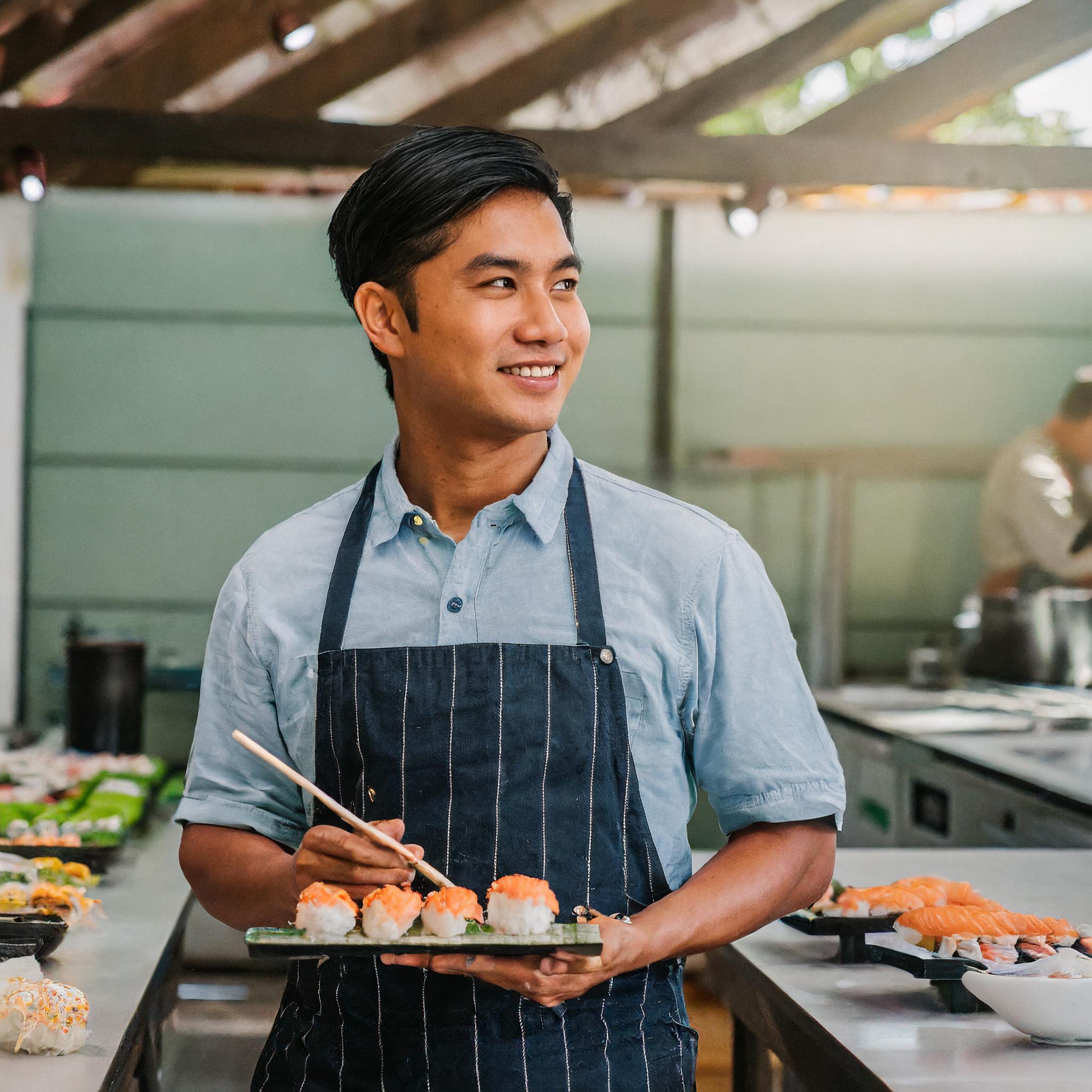 man presenting a variety of sushi platters